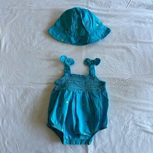 Baby Girl 3-6 Months 2 Piece Set Blue Baby Romper with Matching Sun Hat